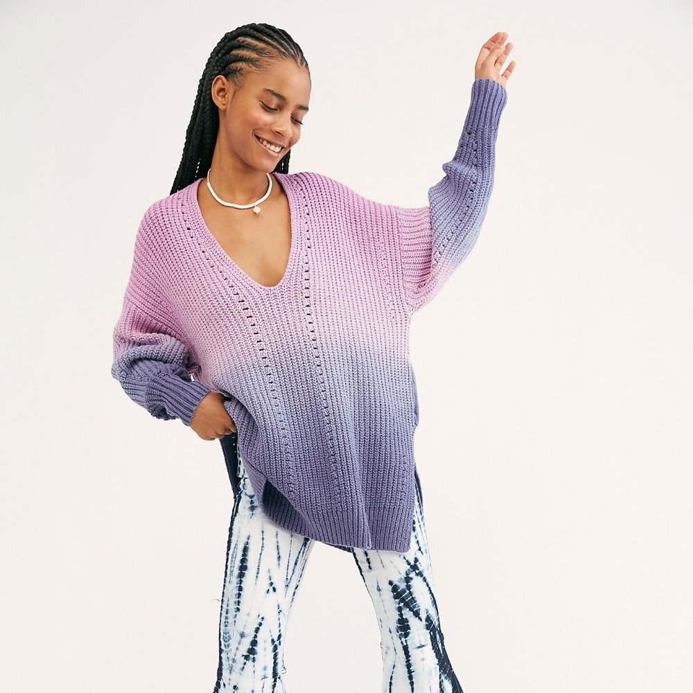 Free People "Come Together" purple ombre sweater tunic MEDIUM oversized, cotton
